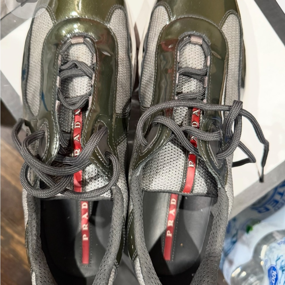 Prada Men's Olive and Gray Sneakers size 10. Excellent used condition
